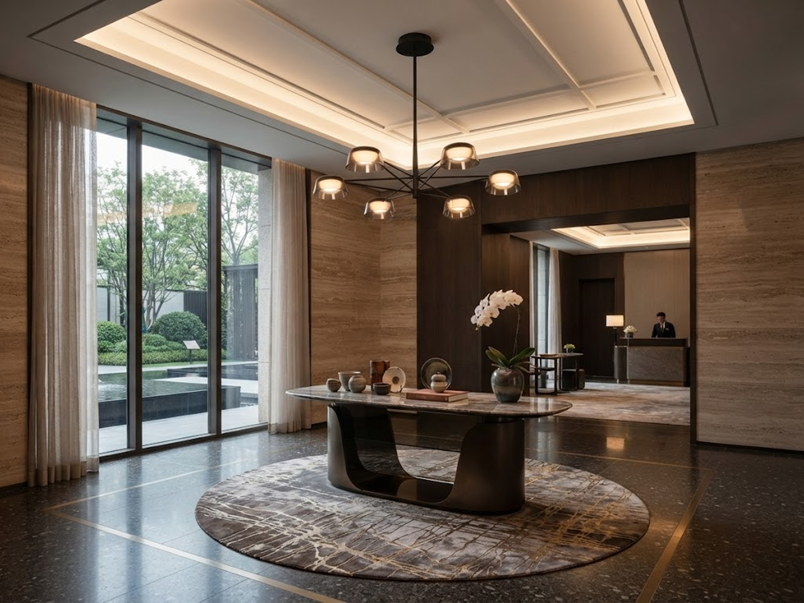 The Stellar 6-light smoked acrylic sputnik chandelier hanging over a modern grey sofa in a high-ceiling living room
