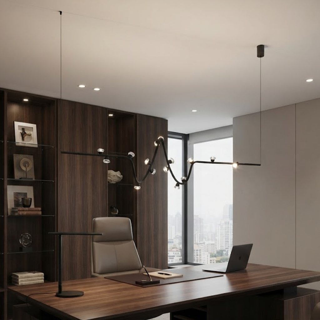 The Pulse modern wavy linear LED pendant light featuring heartbeat silhouette in matte black