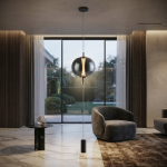 The Solstice modern glass globe pendant light suspended with bottom counterweight cylinder