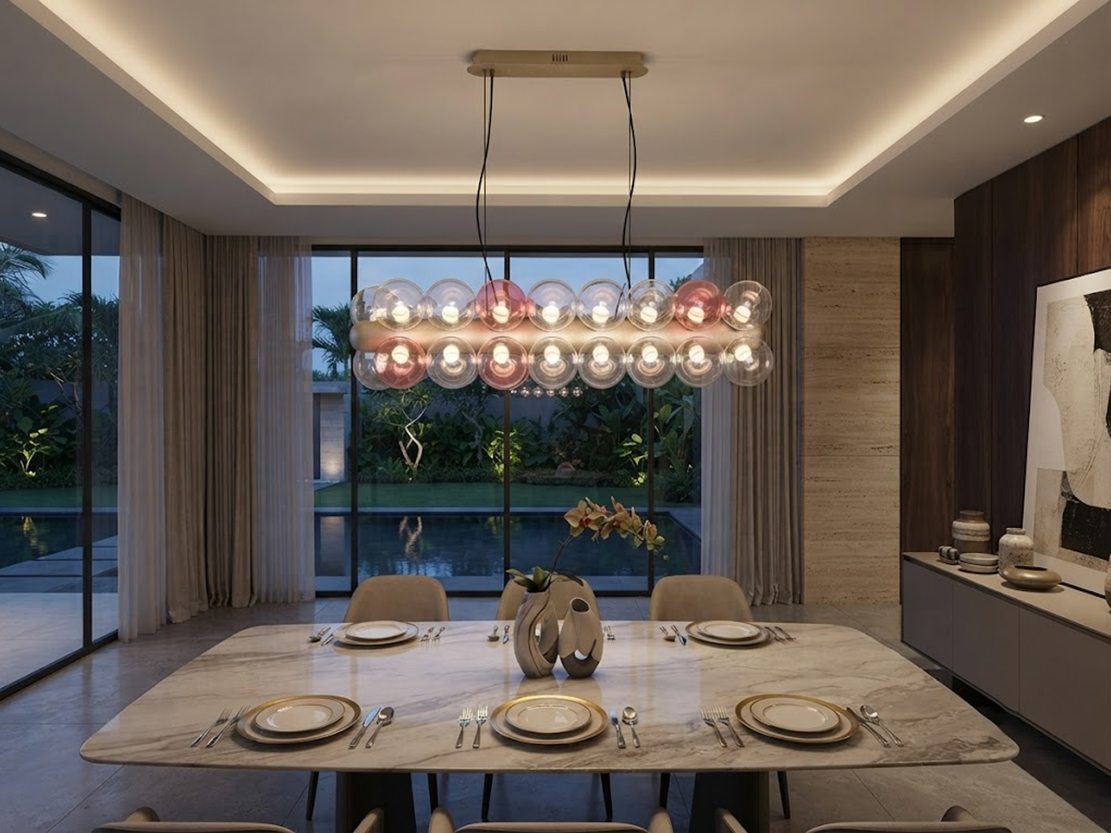The Cell linear glass globe bubble chandelier with champagne gold textured core and pink accent globes