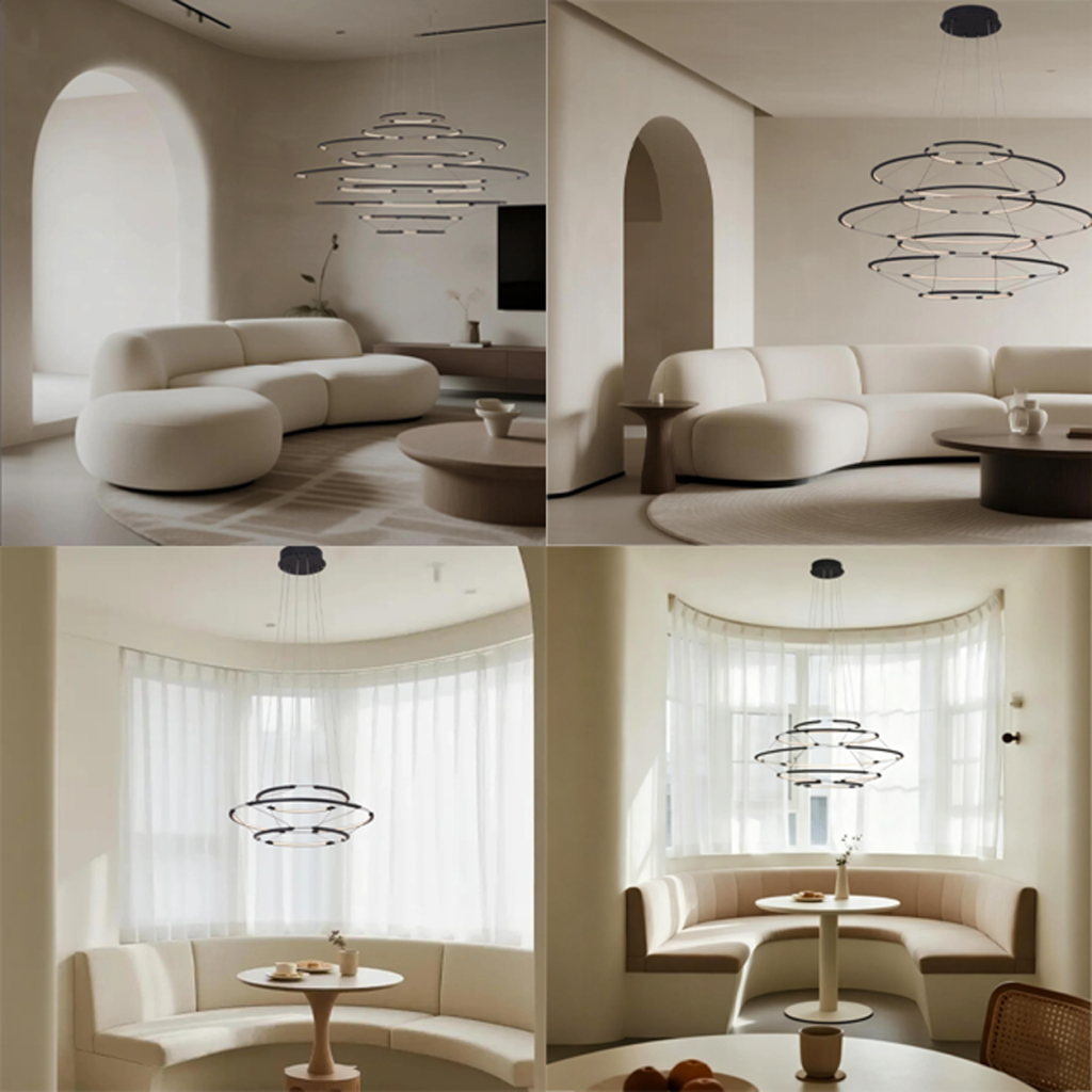 The Orbital Mesh multi tier LED ring chandelier hanging over a round dining table in a modern sunroom nook