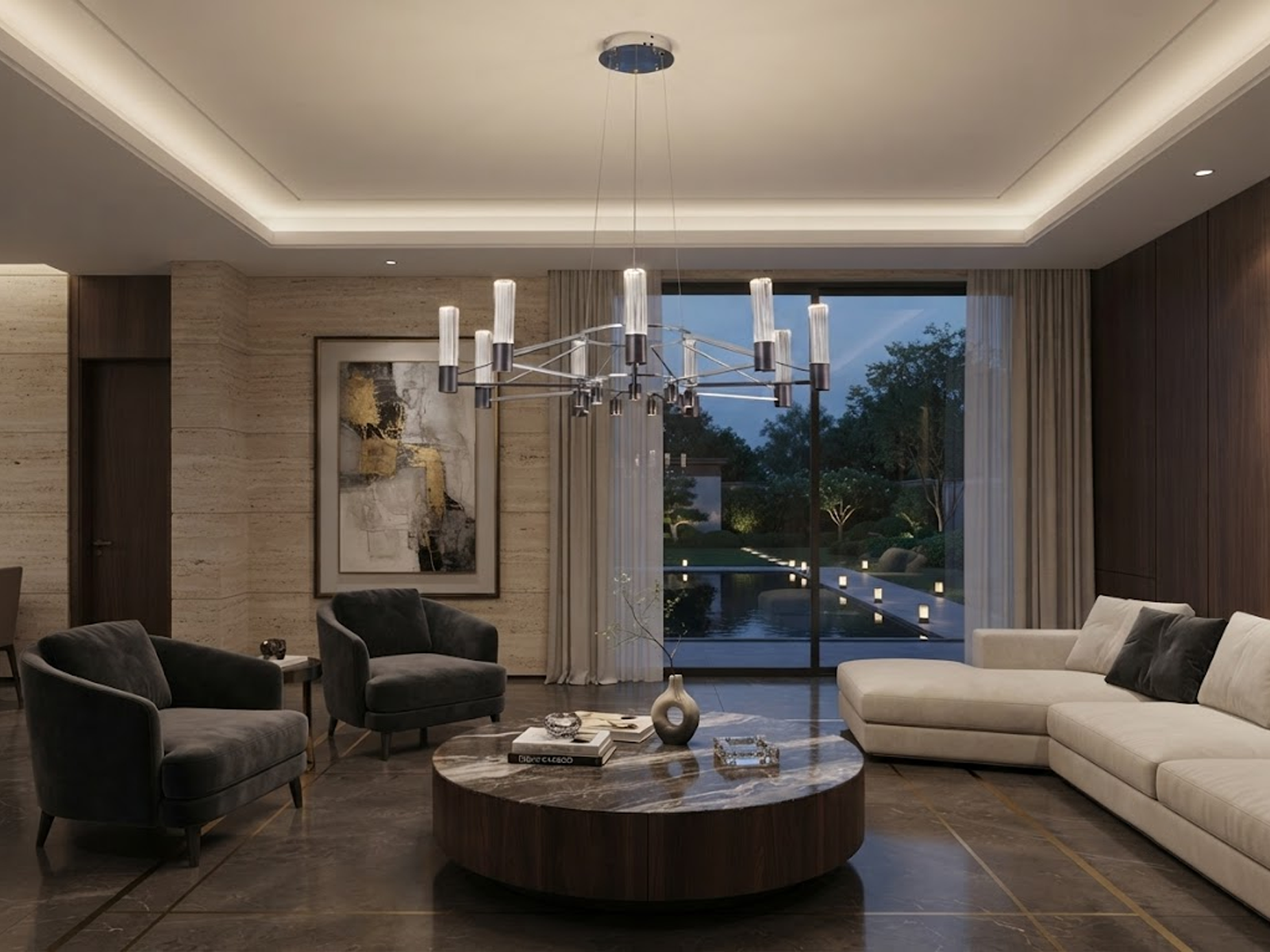 The Crown multi light fluted glass ring chandelier suspended over a modern sectional sofa in a high ceiling living room