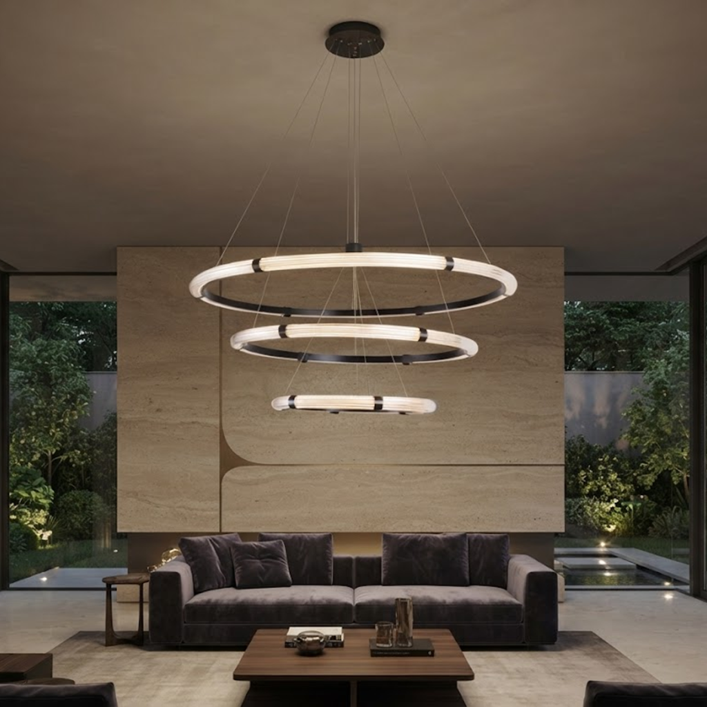 The Aura 3 tier fluted acrylic LED ring chandelier hanging in a modern double height ceiling living room