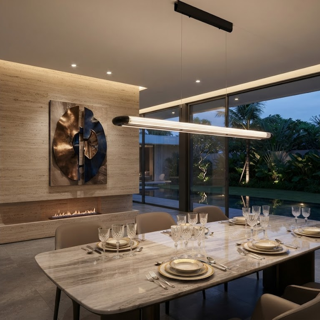 The Ray fluted acrylic linear LED pendant light suspended over a large marble dining table in a luxury home