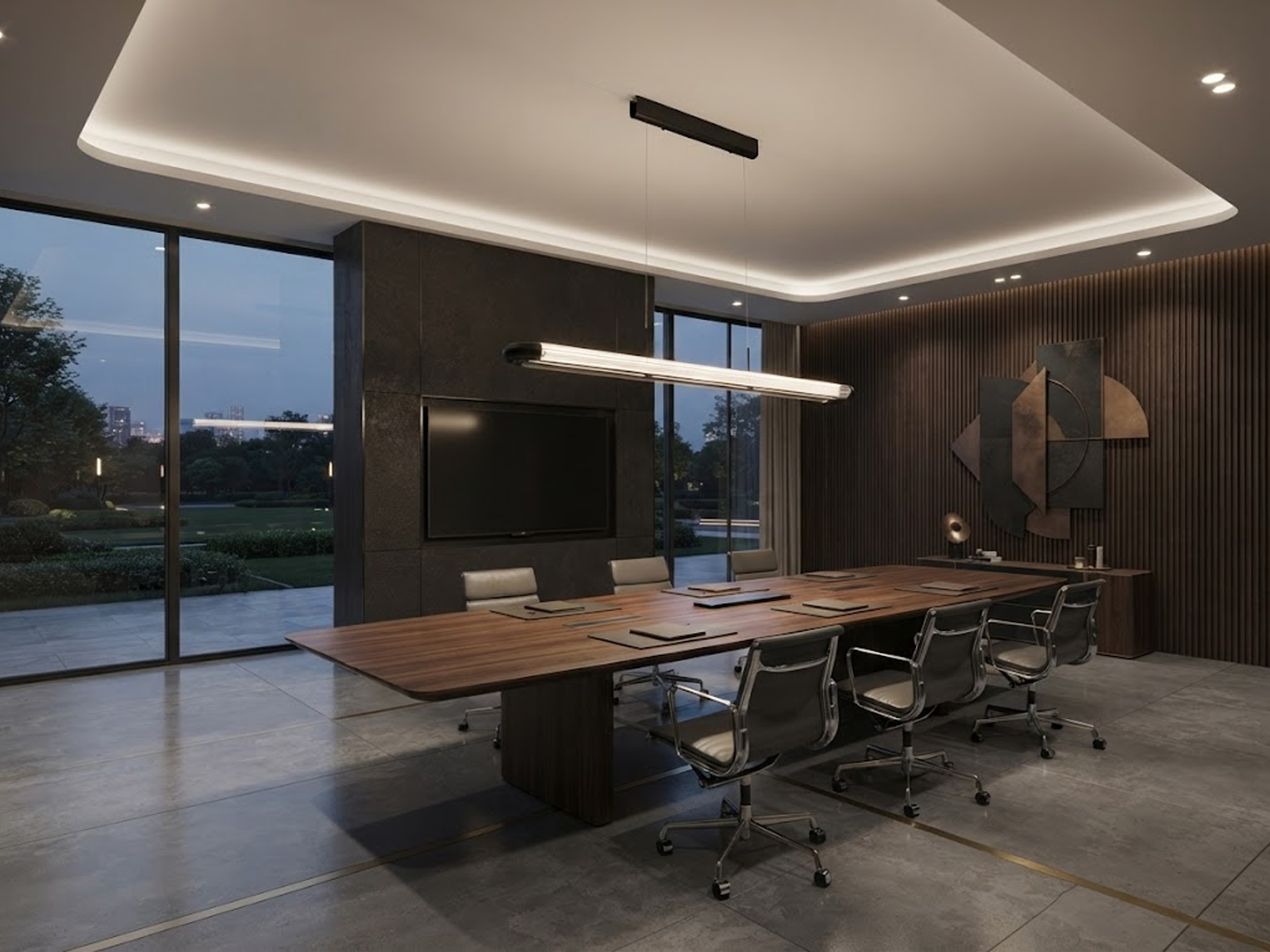 The Ray fluted acrylic linear LED pendant light suspended over a large marble dining table in a luxury home