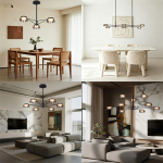 The Stellar 6-light smoked acrylic sputnik chandelier hanging over a modern grey sofa in a high-ceiling living room