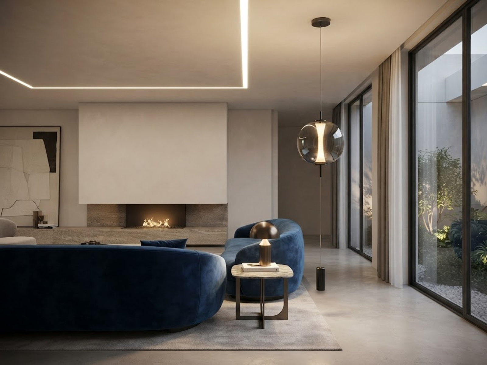 The Solstice modern glass globe pendant light suspended with bottom counterweight cylinder