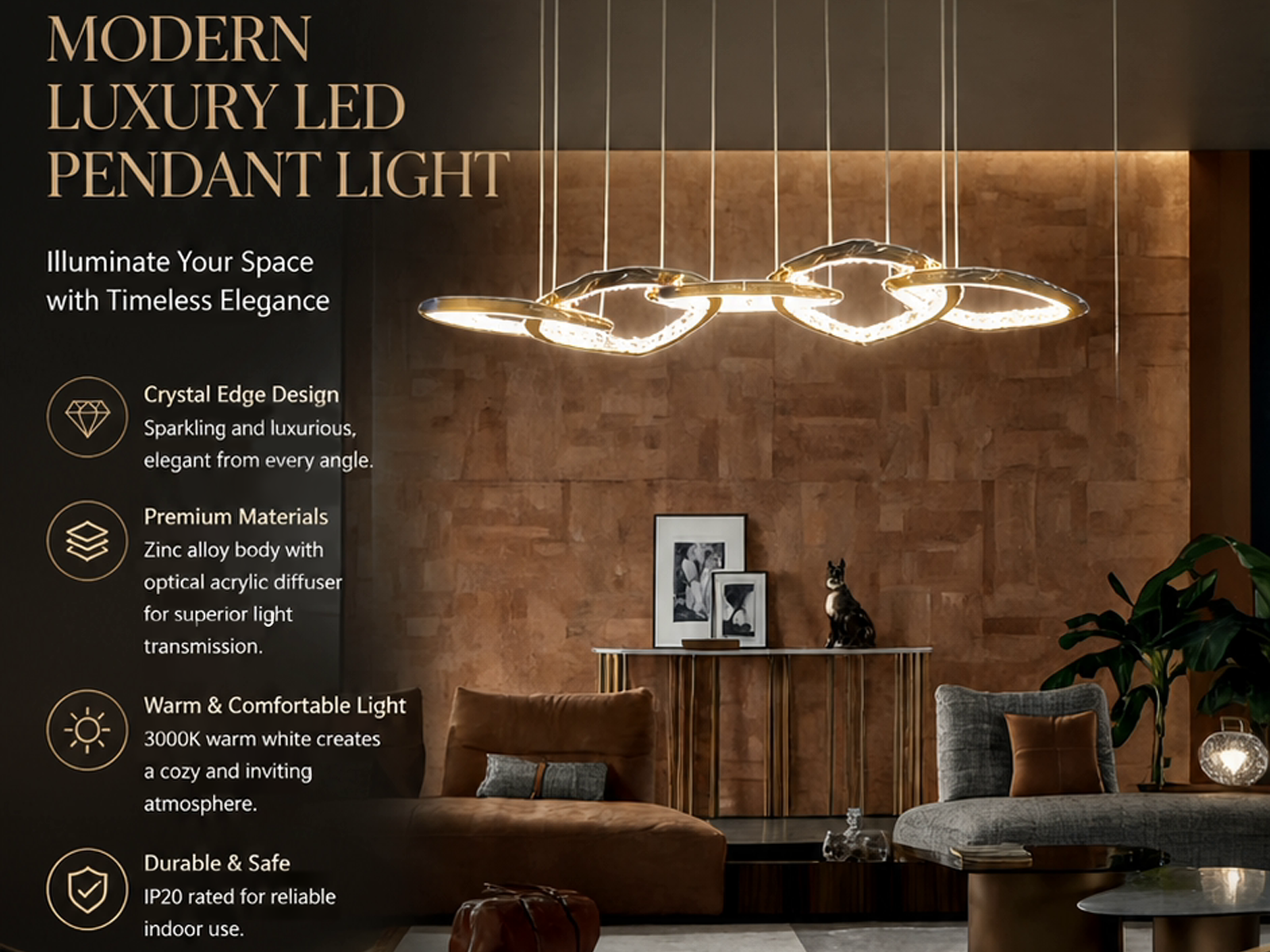 Modern organic vine interlocking ring linear LED chandelier hanging over a luxury living room sofa with gold mirror finish