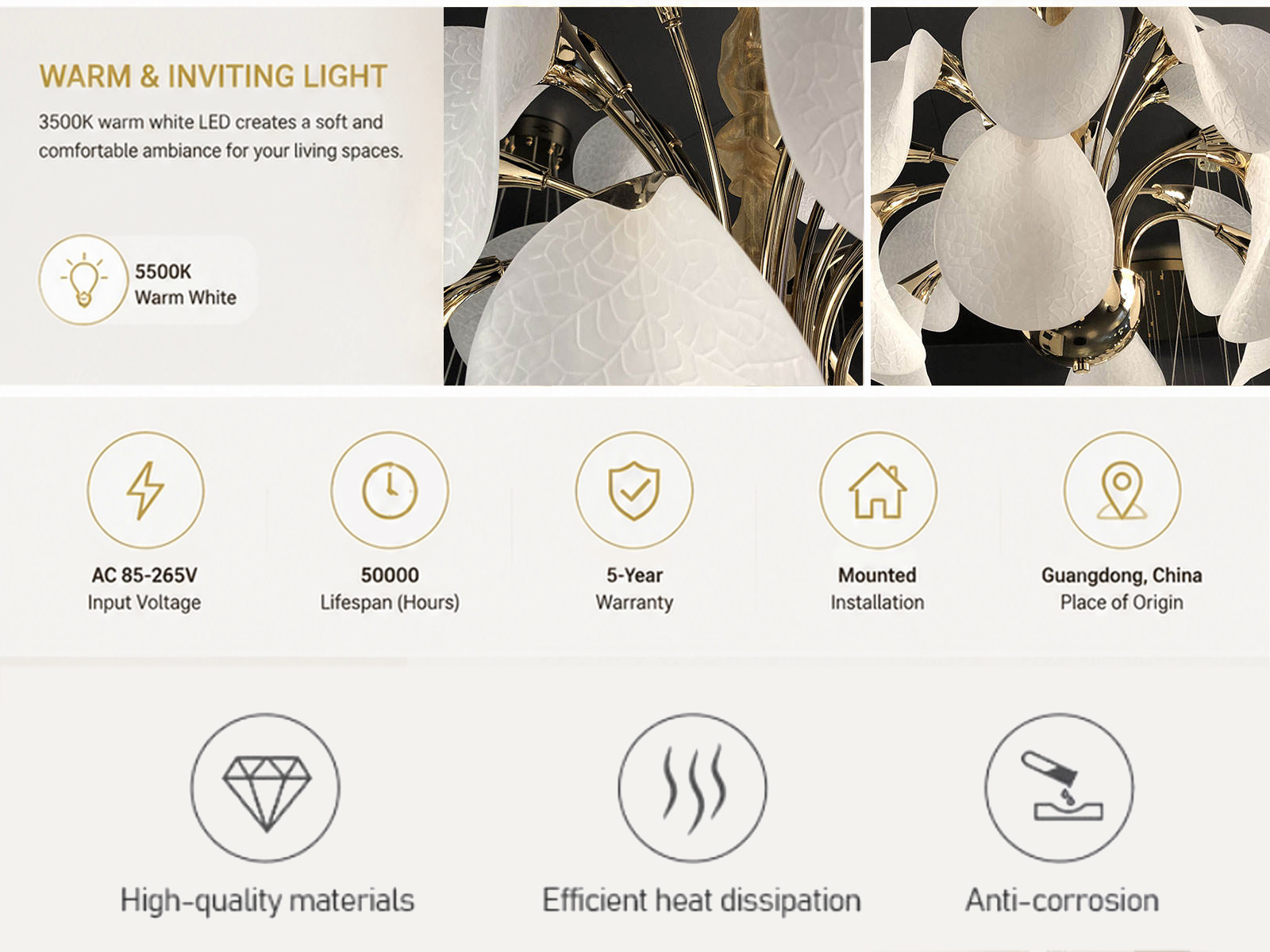 Close-up of frosted optical acrylic shade with leaf vein texture mounted on polished gold zinc alloy stem