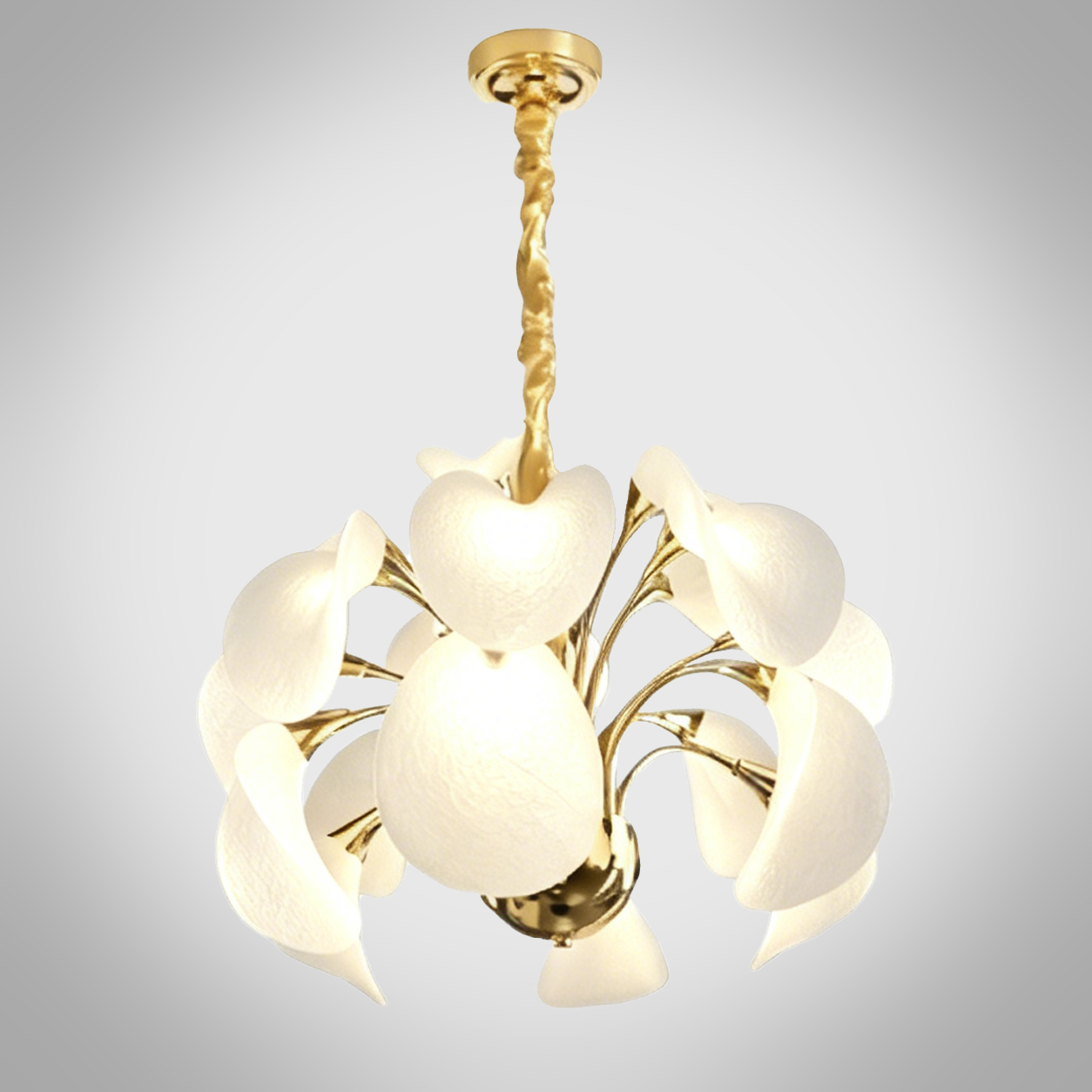 Upward view of glowing floral leaf chandelier showing white optical acrylic shades and gold zinc alloy branches