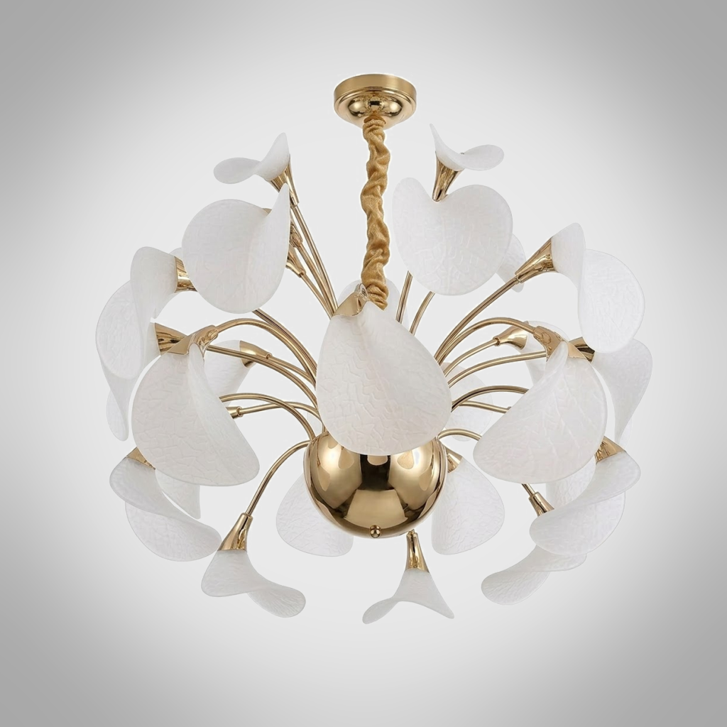 360 degree glowing spherical blooming petal LED chandelier with electroplated gold zinc alloy frame against dark background