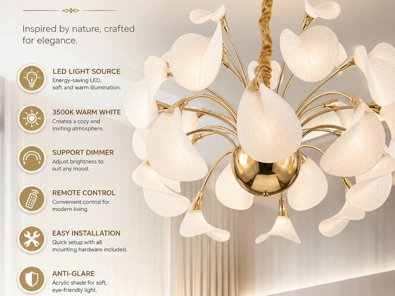 Spherical blooming petal LED chandelier hanging over a marble dining table in a contemporary luxury apartment