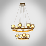 Tiered halo ring chandelier with brushed brown semi-matte oil finish hanging in a modern high-ceiling luxury living room