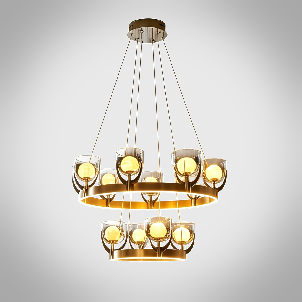 Tiered halo ring chandelier with brushed brown semi-matte oil finish hanging in a modern high-ceiling luxury living room
