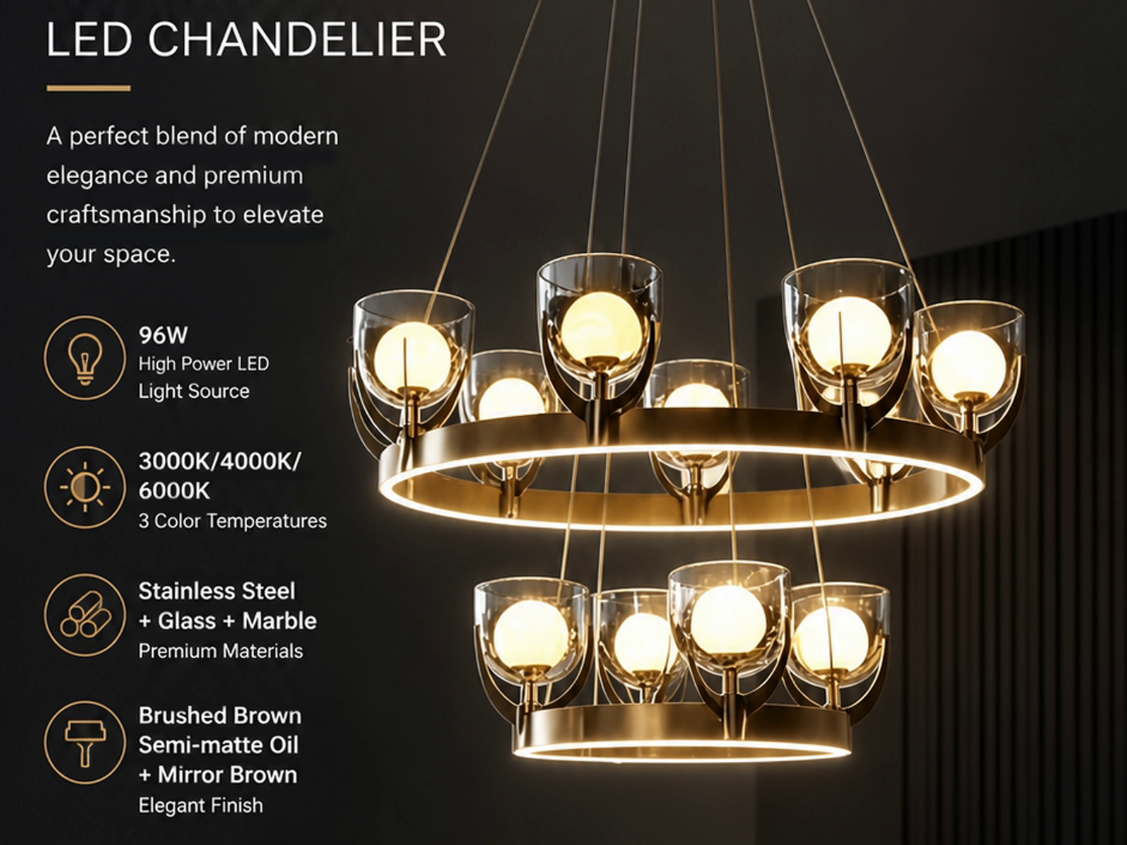 Two-tier stainless steel halo chandelier illuminated against dark background showing bottom ring light strips and glass orb cups