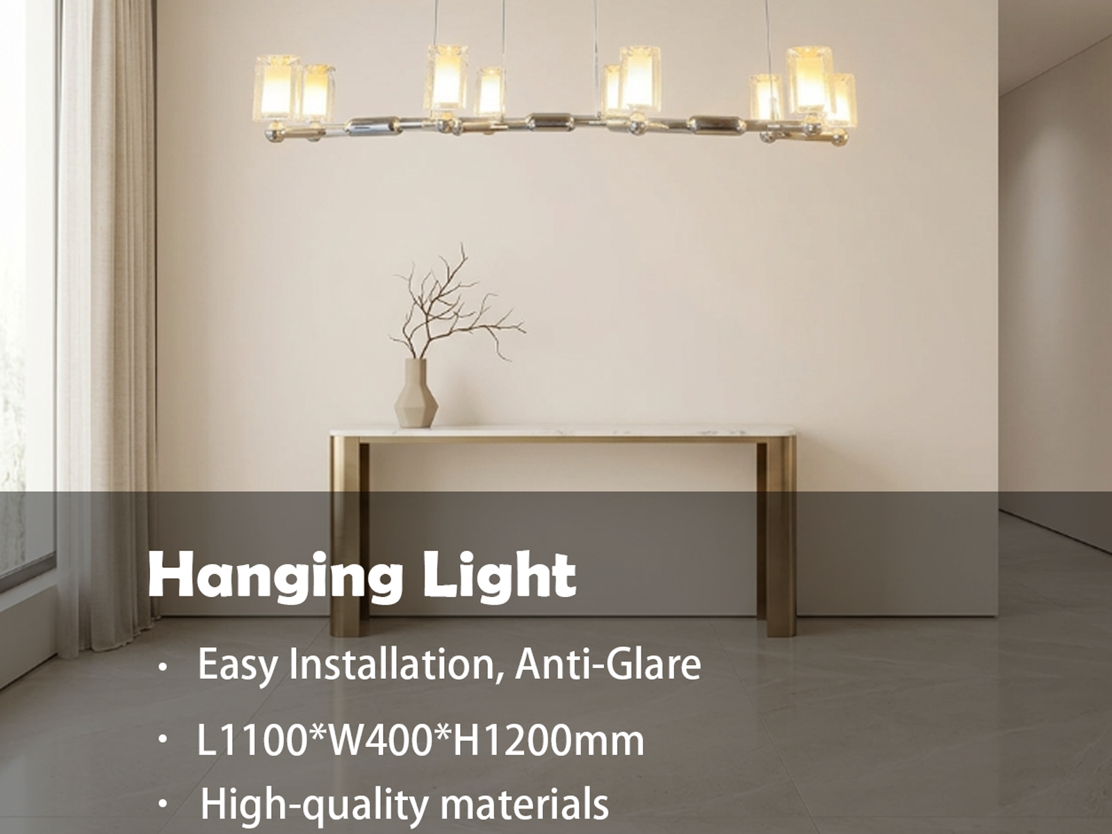 Glowing modern branching node linear LED chandelier with glass cylinder cups illuminated in living room