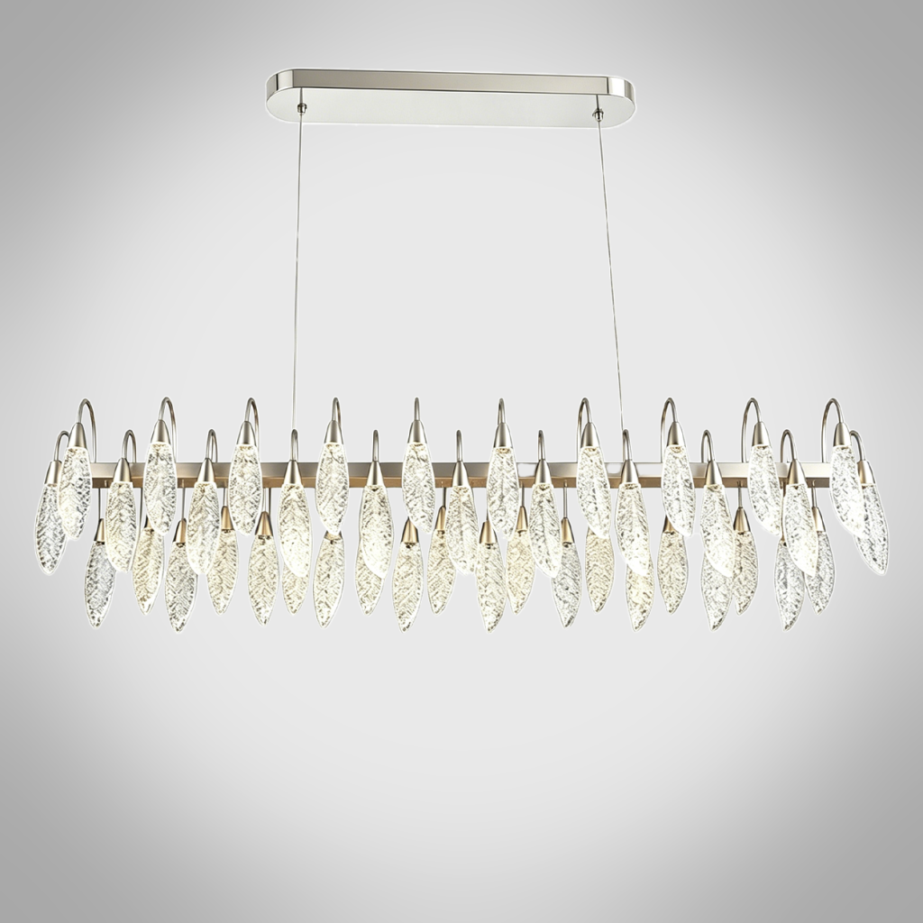 Large crystal-texture feather linear LED chandelier hanging above a luxury marble hotel reception desk in a contemporary lobby