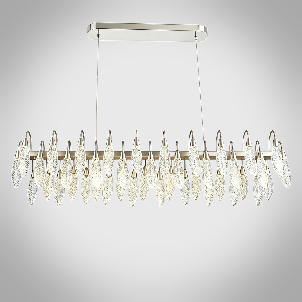 Large crystal-texture feather linear LED chandelier hanging above a luxury marble hotel reception desk in a contemporary lobby