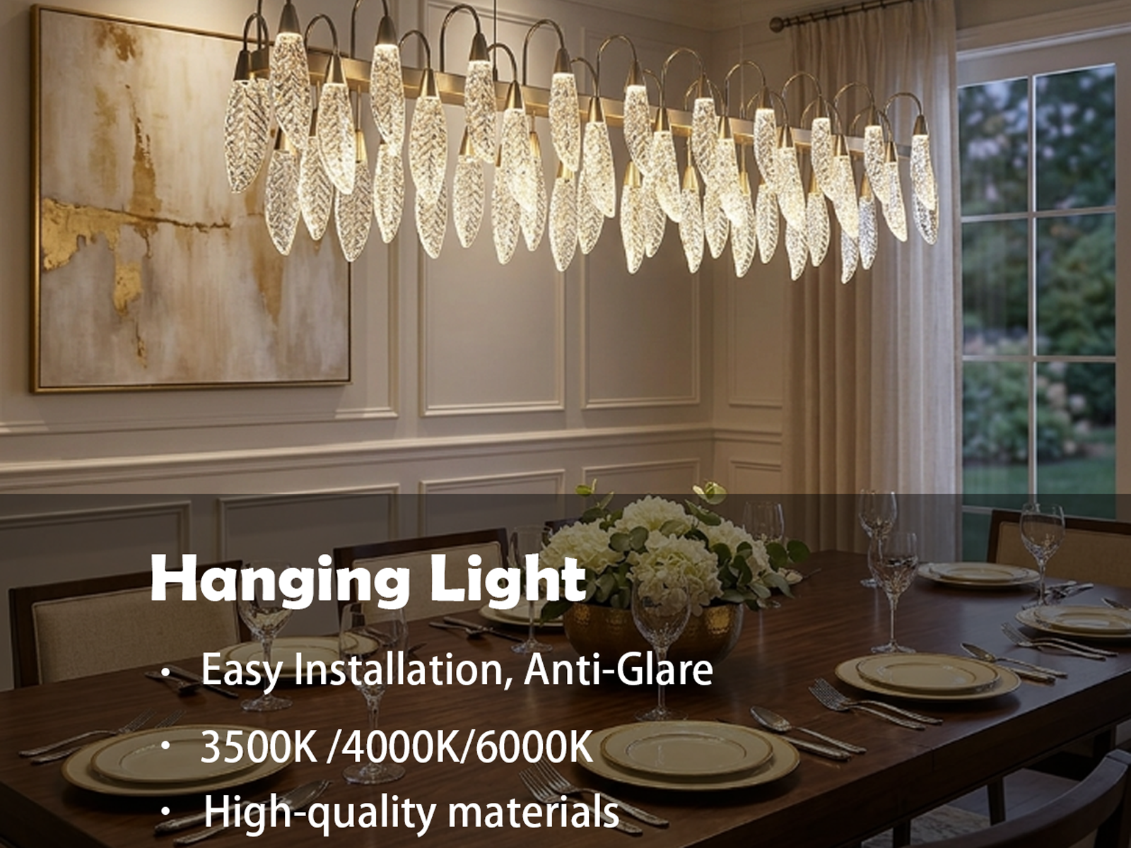 Large crystal-texture feather linear LED chandelier hanging above a luxury marble hotel reception desk in a contemporary lobby