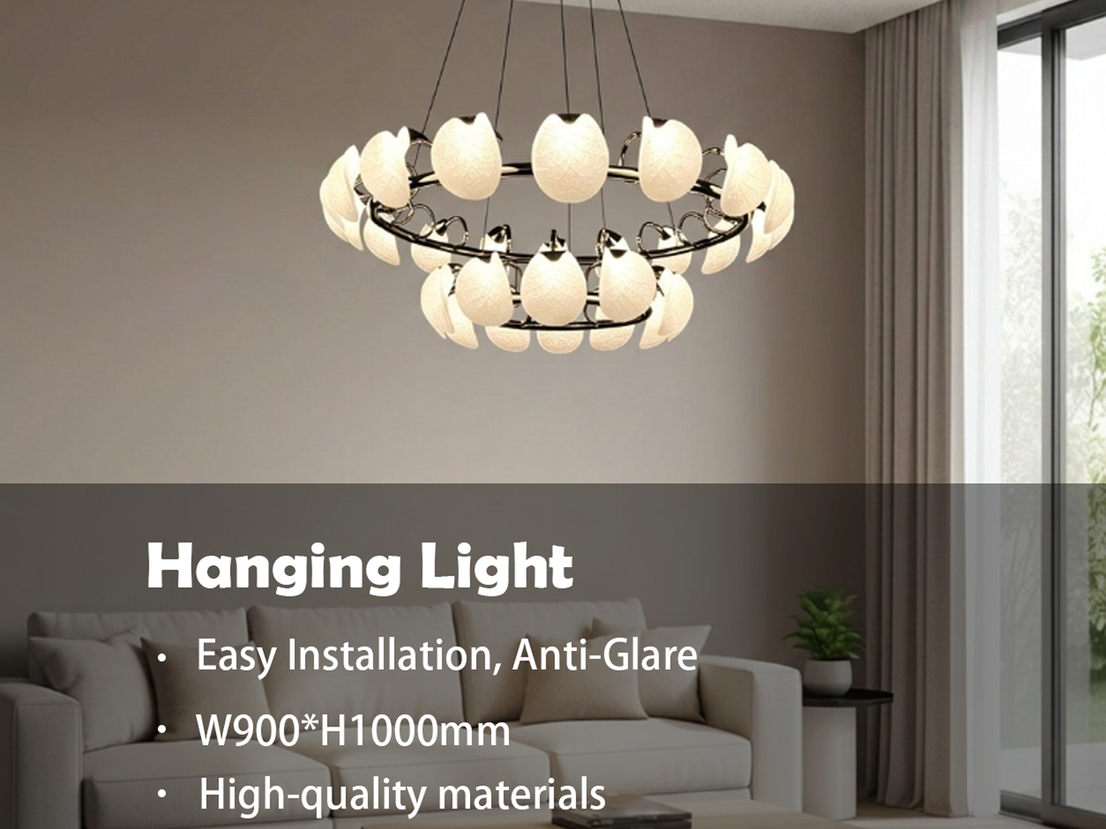 Two-tier leaf-vein halo ring LED chandelier with chrome steel frame hanging in a modern luxury living room above a grey leather sofa