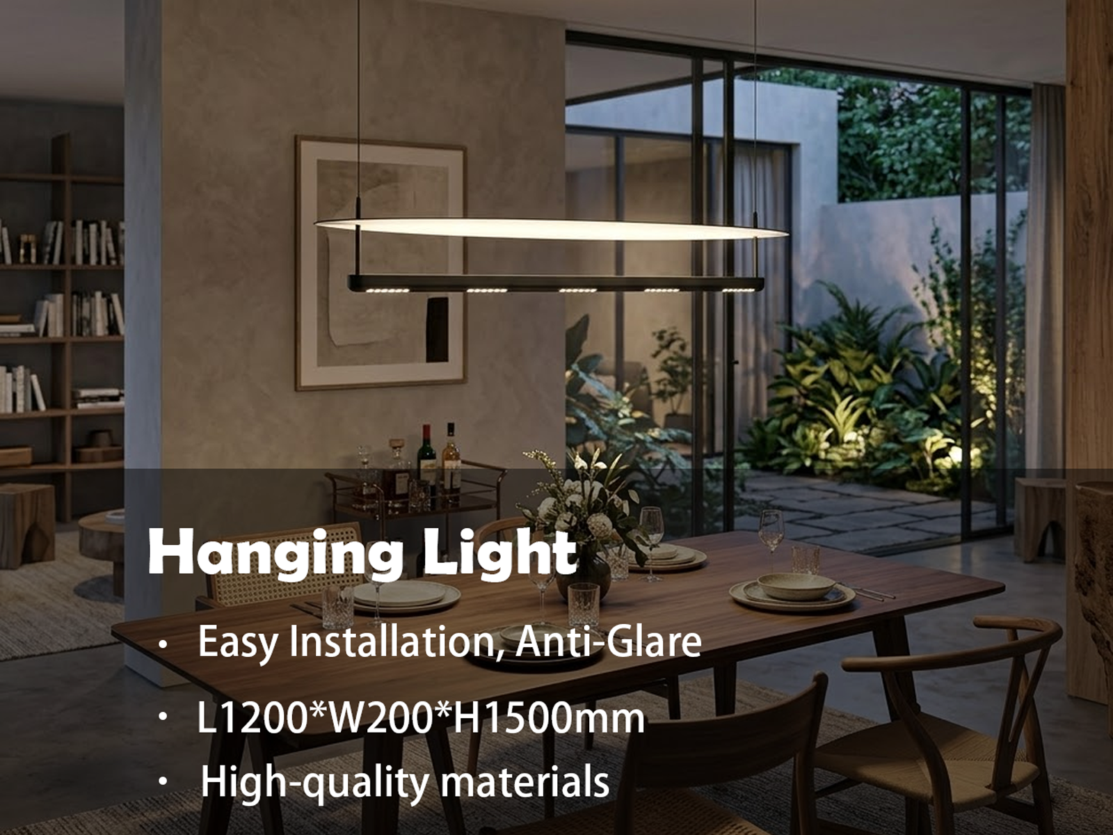 Minimalist 1200mm First Light series linear LED pendant light in tactile grey and sand black hanging over a modern dining desk