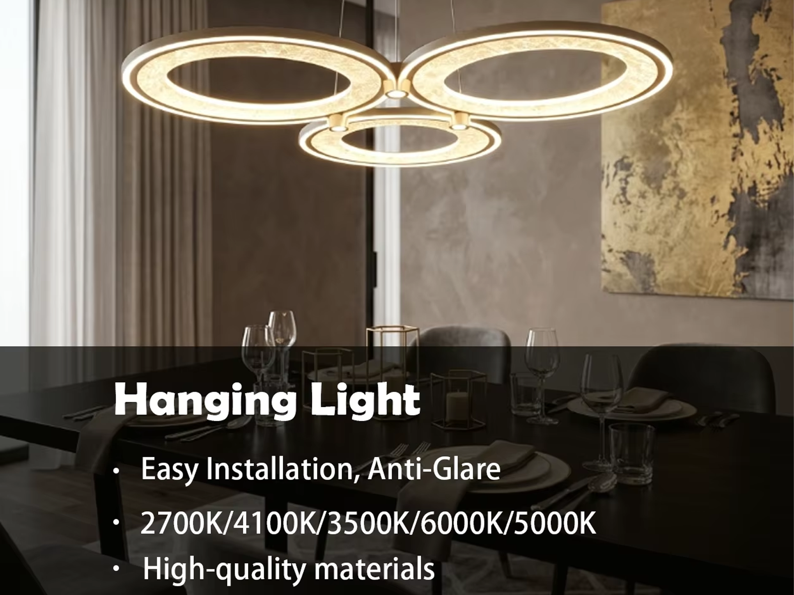 3-ring champagne gold aluminum LED chandelier with textured foil reflector rings and matching aluminum ceiling canopy