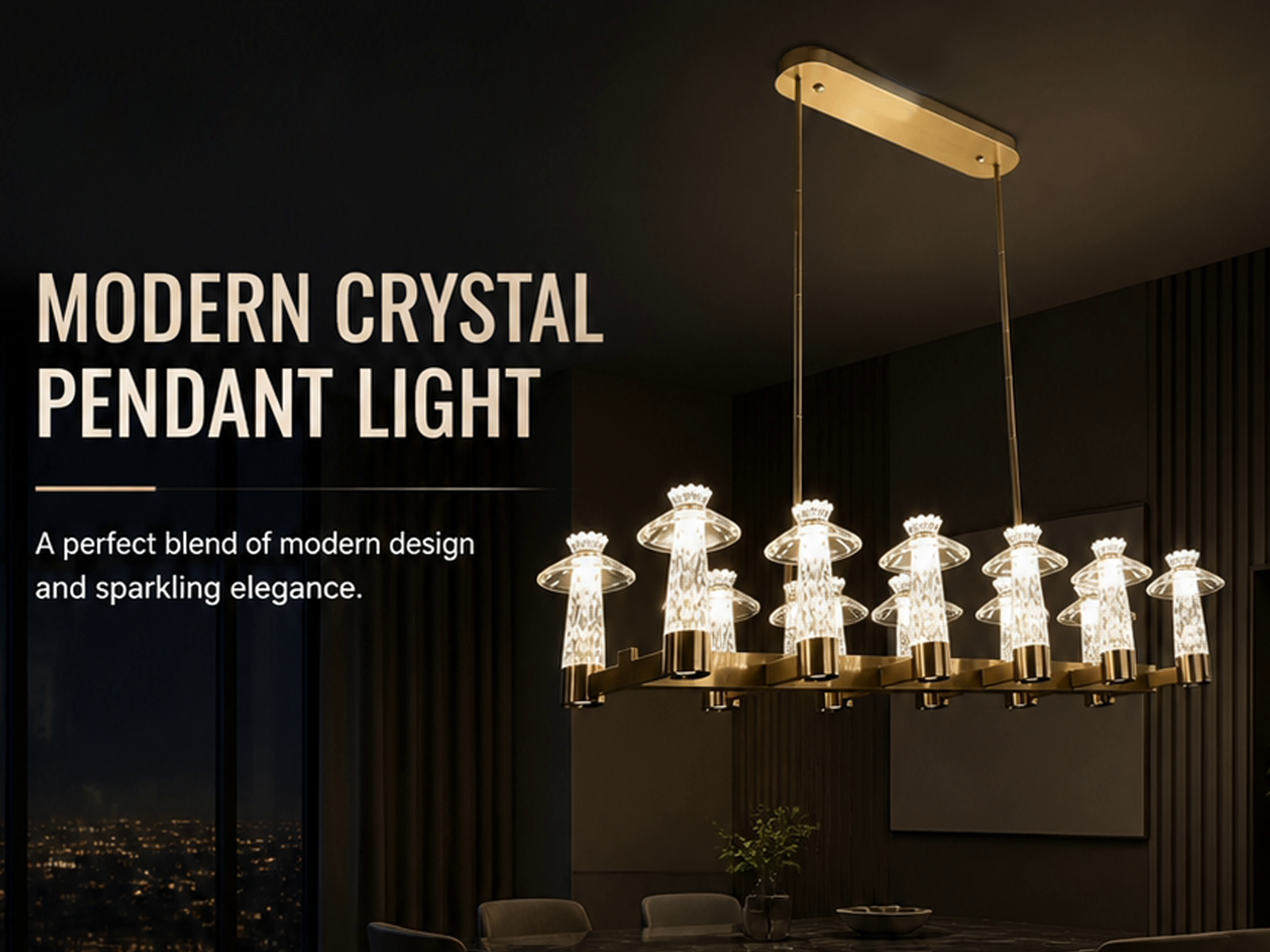 12-light linear carved crystal island chandelier with brushed brass stainless steel frame glowing in warm 3000K light
