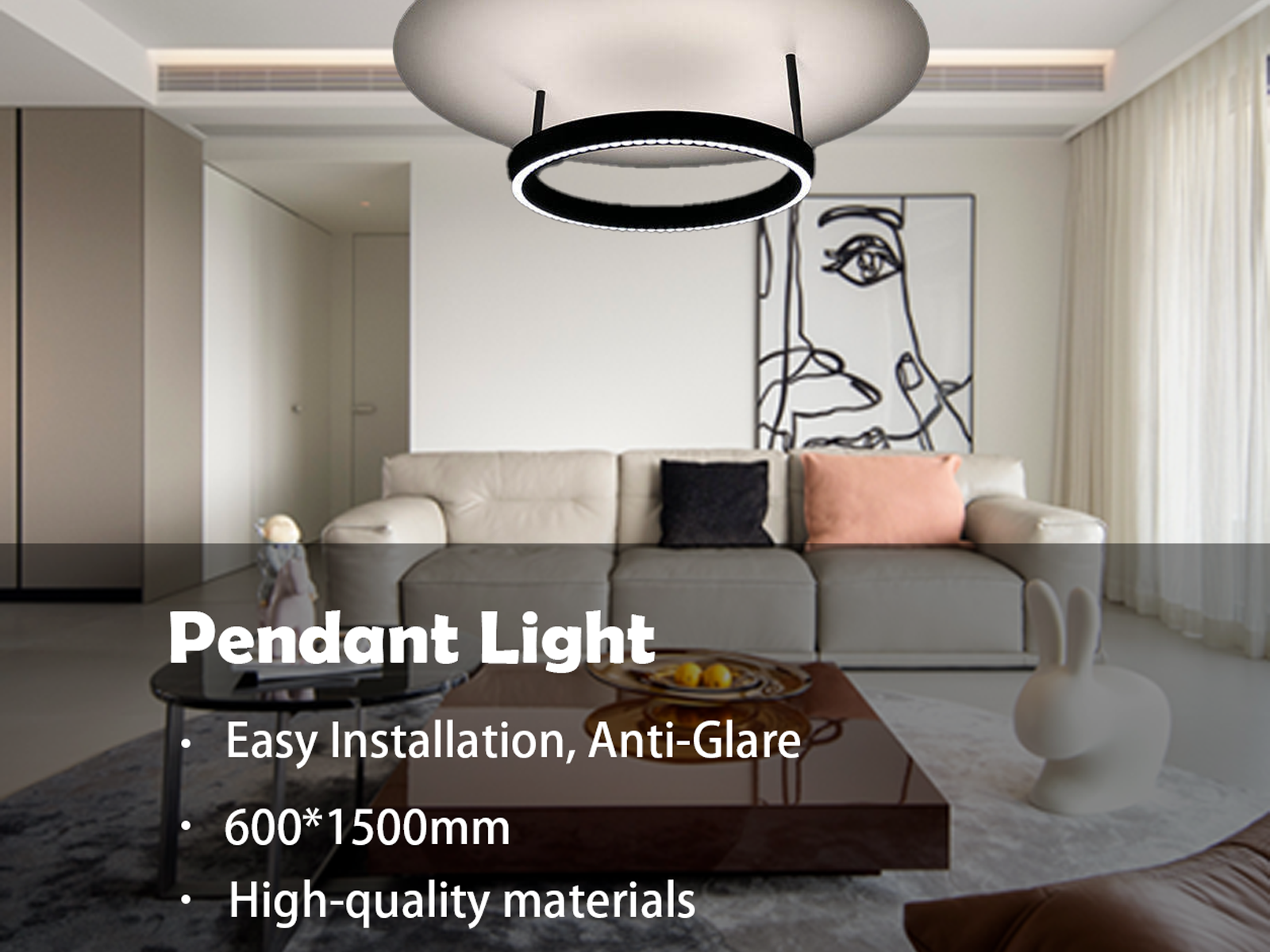 Modern eclipse circular ring aluminum LED pendant light with matte black ring and glowing aluminum reflector disc against grey background