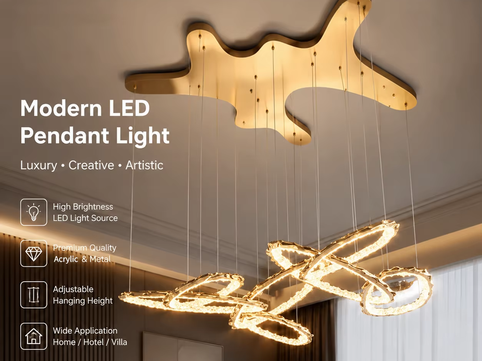 Upward view of modern gold ribbon LED chandelier suspended from matching organic shaped canopy with multi-loop wave design