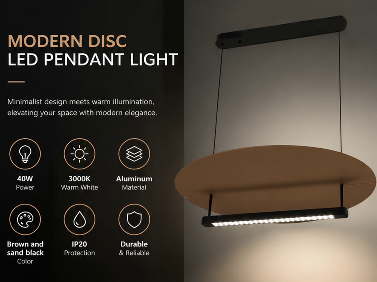 Warm halo lighting effect from linear aluminum LED bar reflecting off a bronze aluminum disc in a dark room