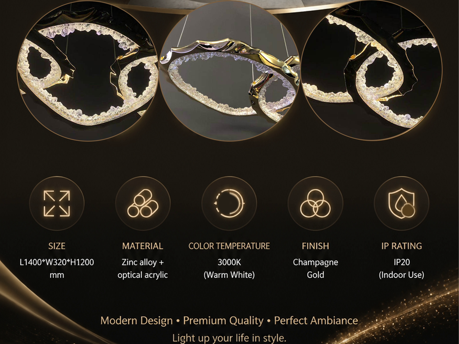 Close-up of interlocking gold zinc alloy rings with glowing crushed ice optical acrylic diffusers