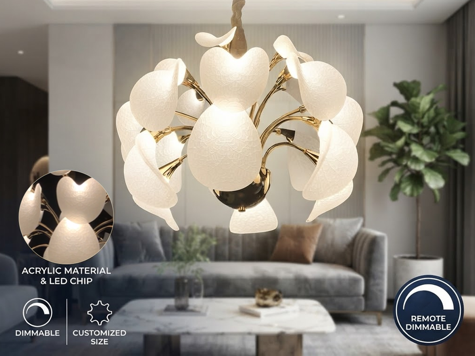 Modern blooming petal LED chandelier suspended in a contemporary luxury living room with beige sofas and wooden paneling