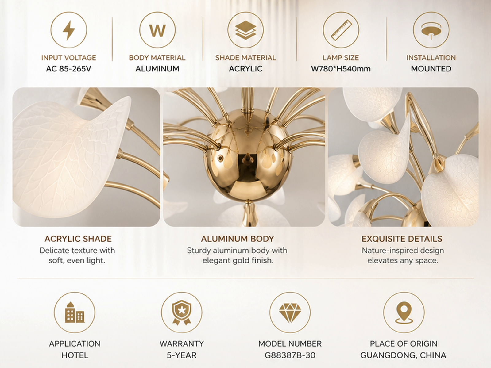 Detailed close-up of frosted optical acrylic leaf shade with etched vein texture on polished gold zinc alloy stem