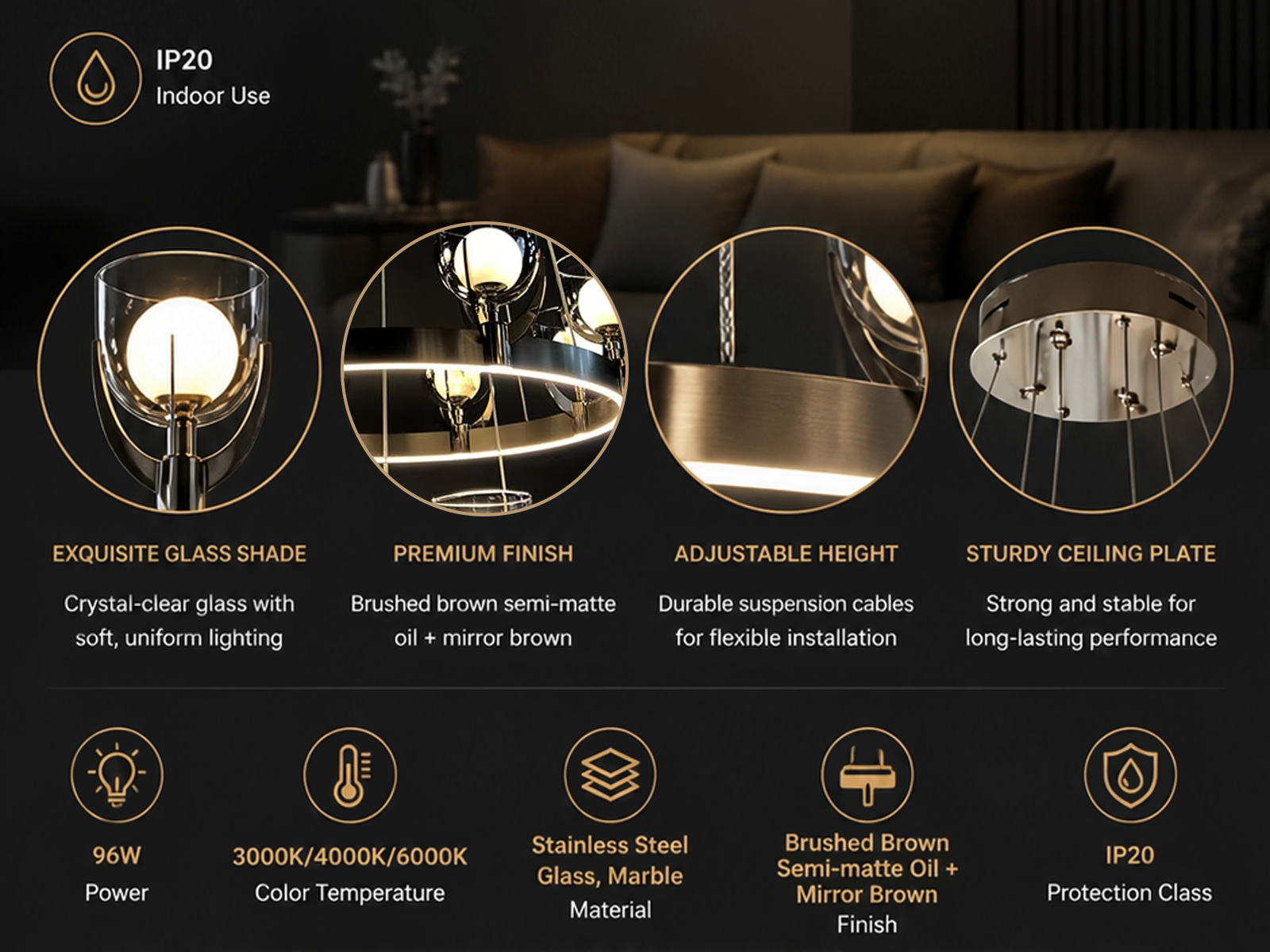Close-up of clear glass cup shade with inner glowing bulb held by mirror brown stainless steel bracket on brushed brown ring frame