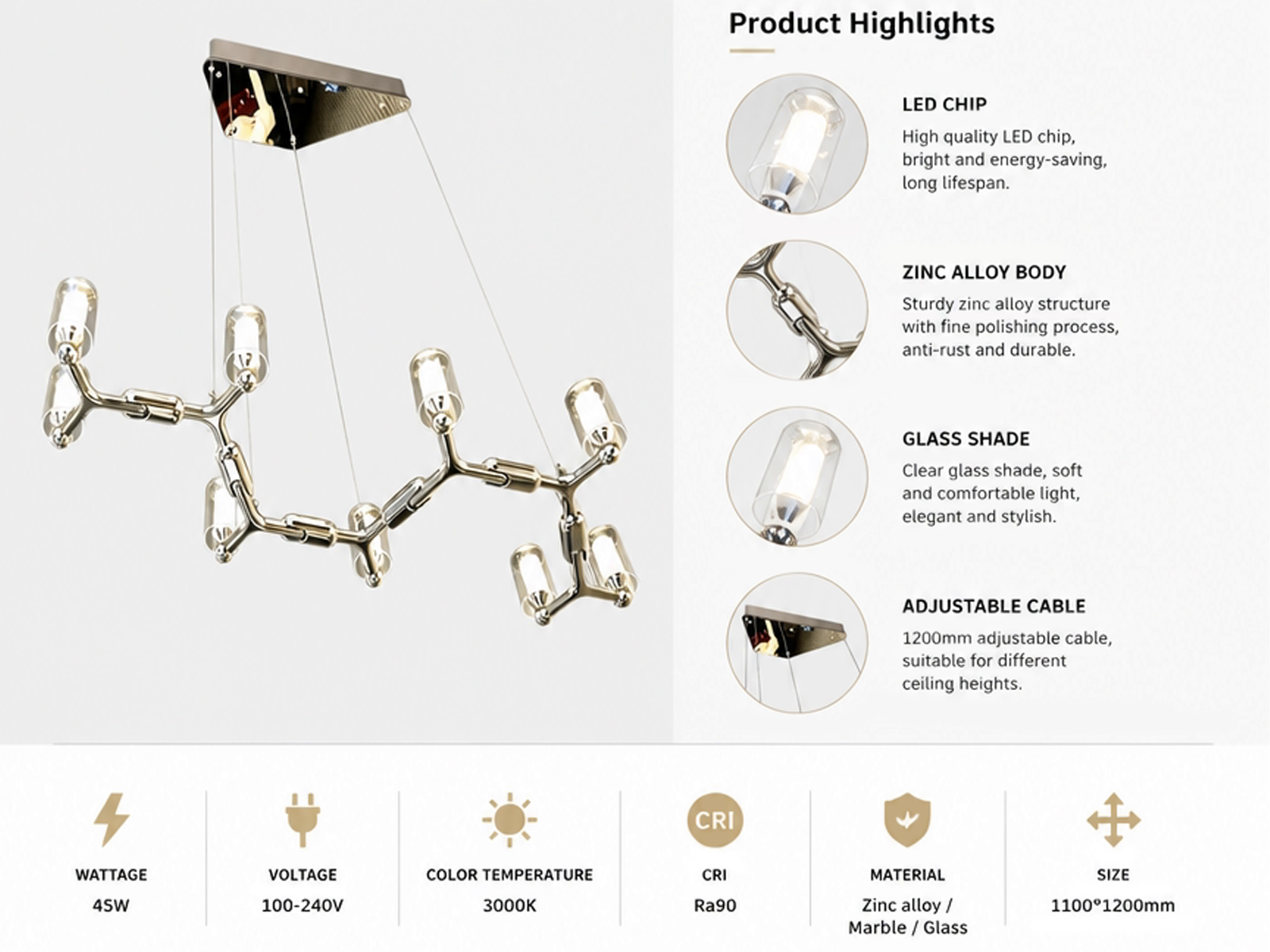 Glowing modern branching node linear LED chandelier with glass cylinder cups illuminated in living room