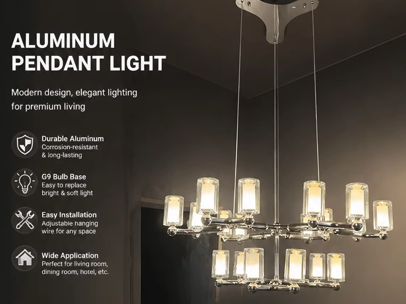 close-up of glowing glass cylinder shades mounted on polished chrome molecular branch frame
