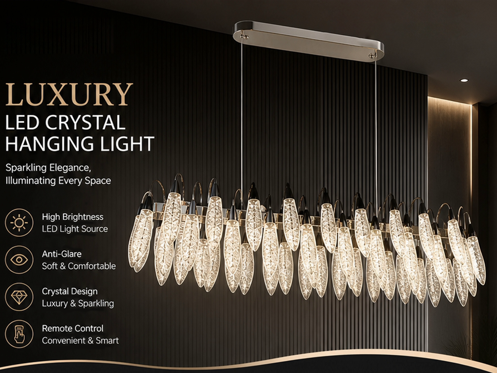 Detailed close-up of glowing glass-like optical acrylic feather shade with ice texture on polished zinc alloy mount