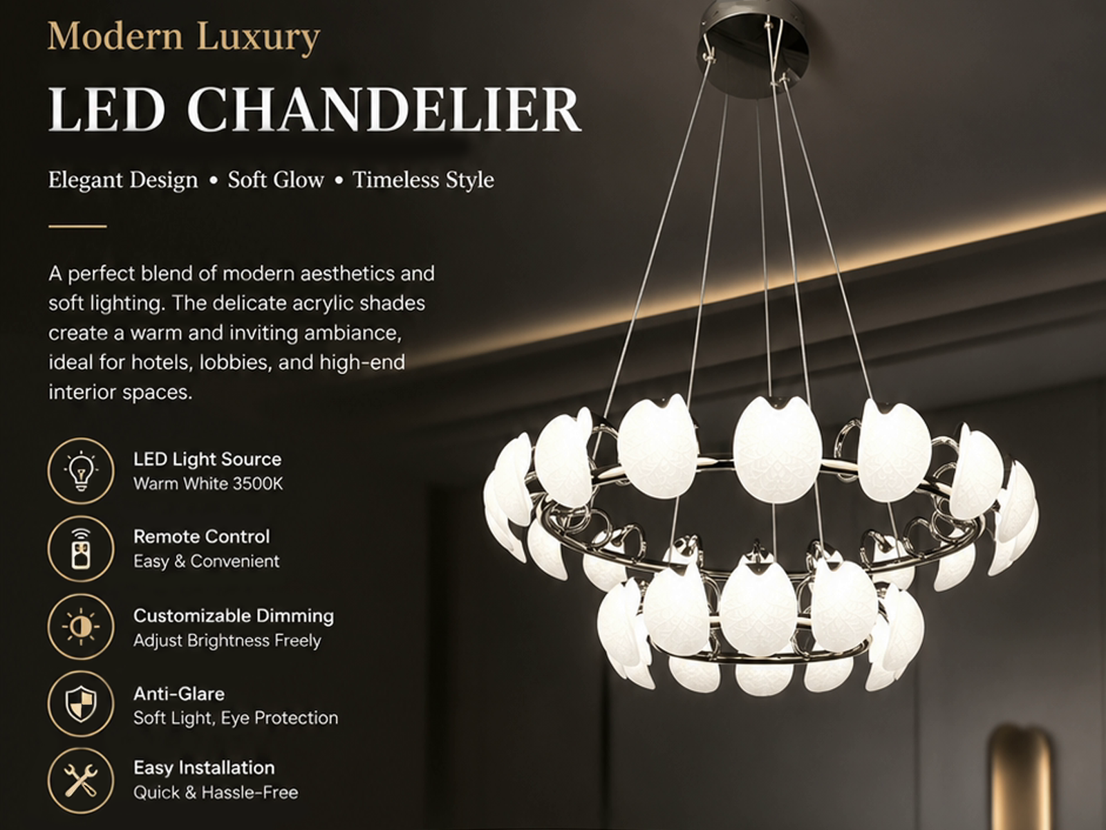 Two-tier leaf-vein halo ring LED chandelier with chrome steel frame hanging in a modern luxury living room above a grey leather sofa