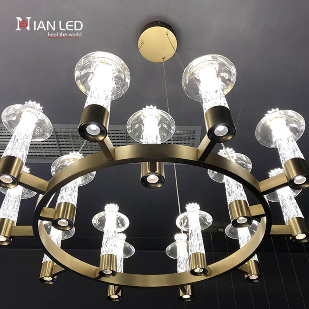 Modern 900mm carved crystal ring chandelier G92100-10+5 with line drawing blueprint showing 1000mm adjustable height