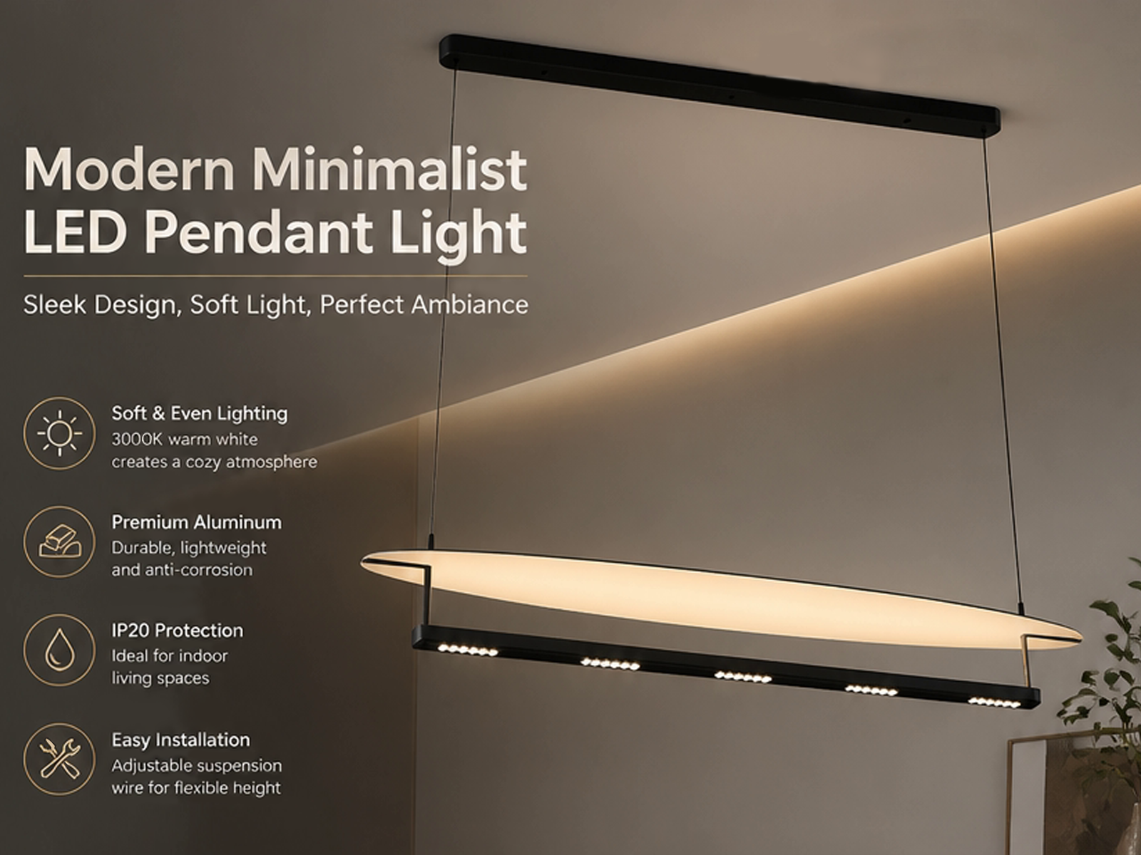 Minimalist 1200mm First Light series linear LED pendant light in tactile grey and sand black