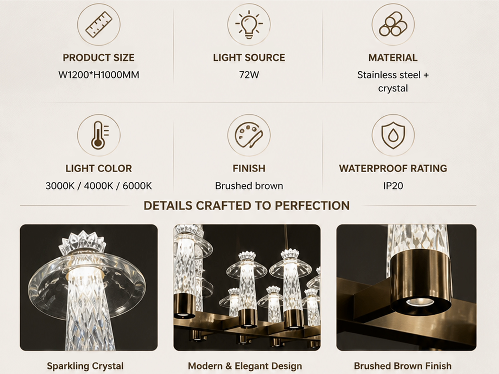 12-light linear carved crystal island chandelier with brushed brass stainless steel frame glowing in warm 3000K light