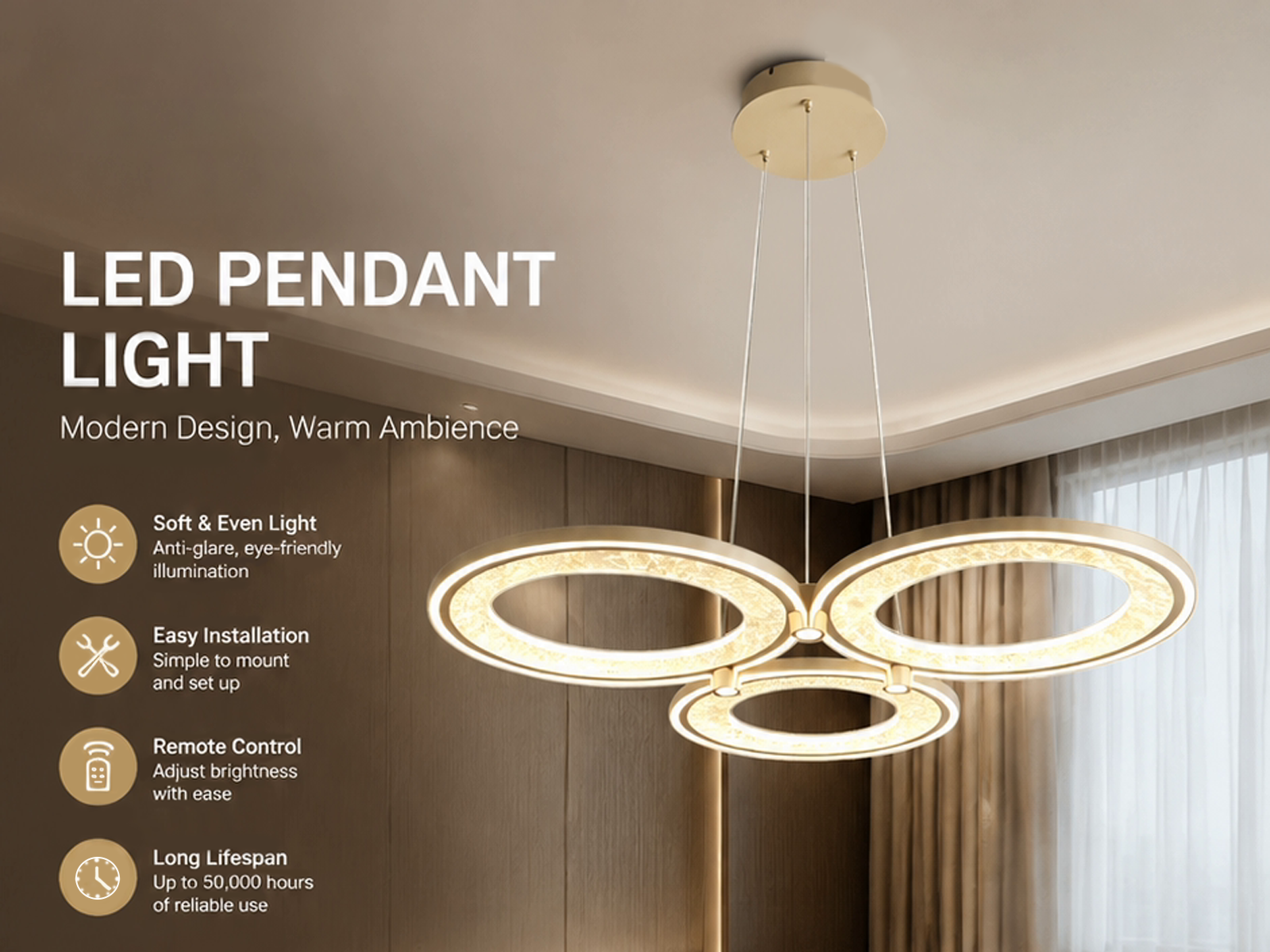 3-ring champagne gold aluminum LED chandelier with textured foil reflector rings and matching aluminum ceiling canopy