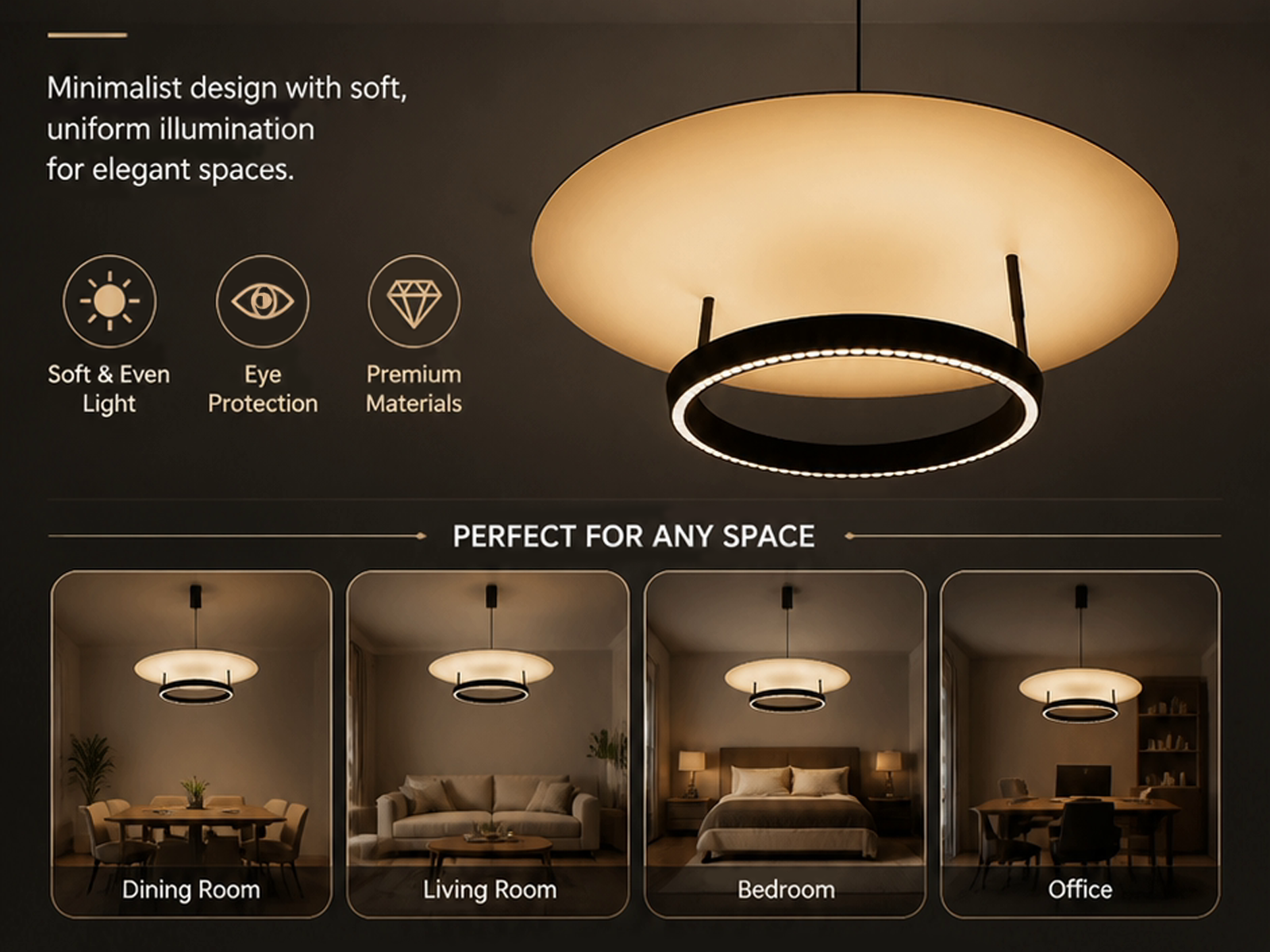 Modern eclipse circular ring aluminum LED pendant light with matte black ring and glowing aluminum reflector disc against grey background