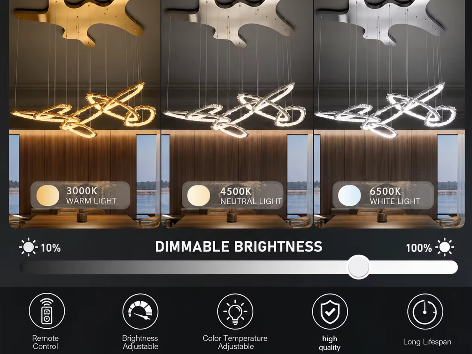 Upward view of modern gold ribbon LED chandelier suspended from matching organic shaped canopy with multi-loop wave design