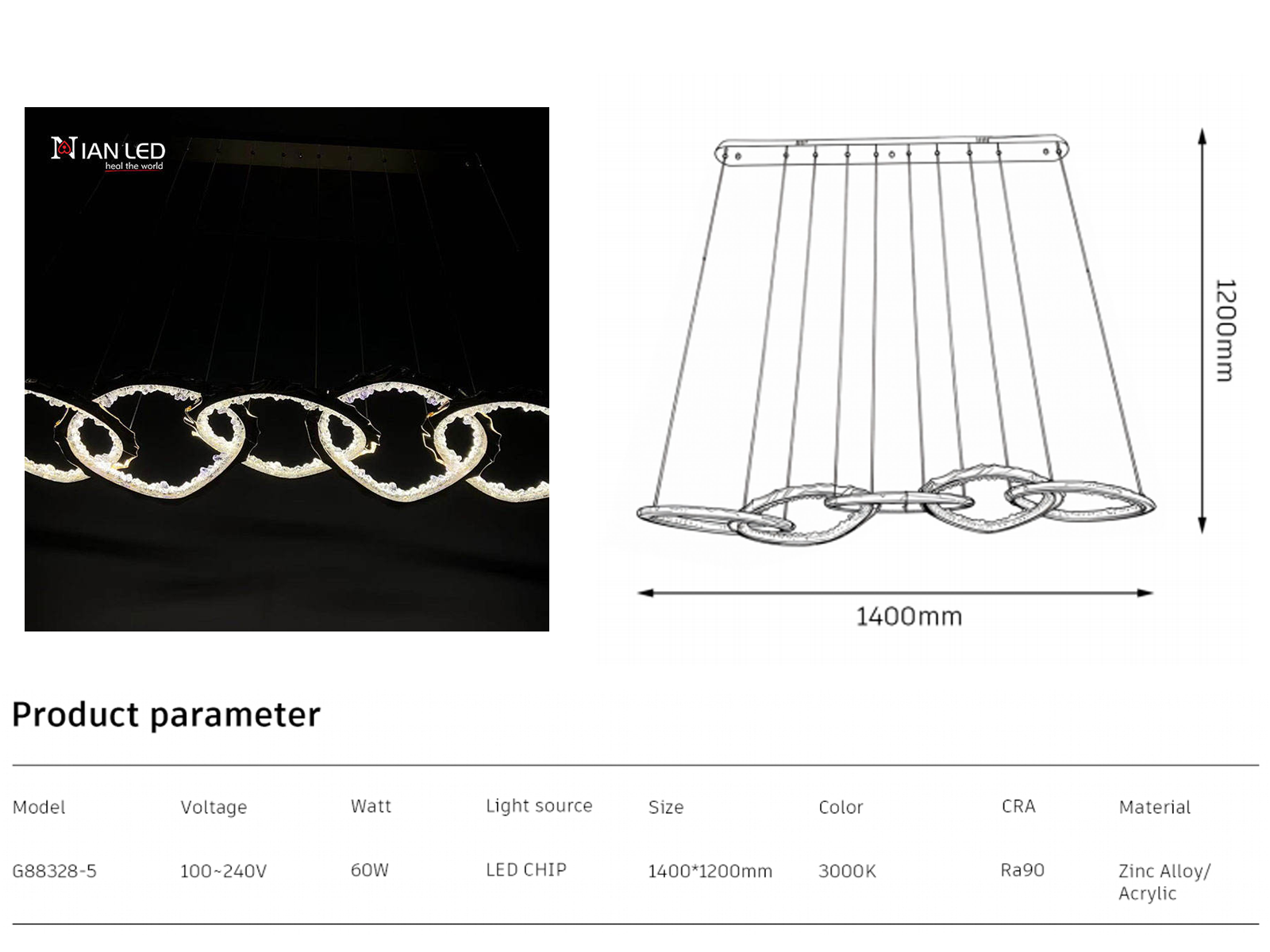Close-up of interlocking gold zinc alloy rings with glowing crushed ice optical acrylic diffusers