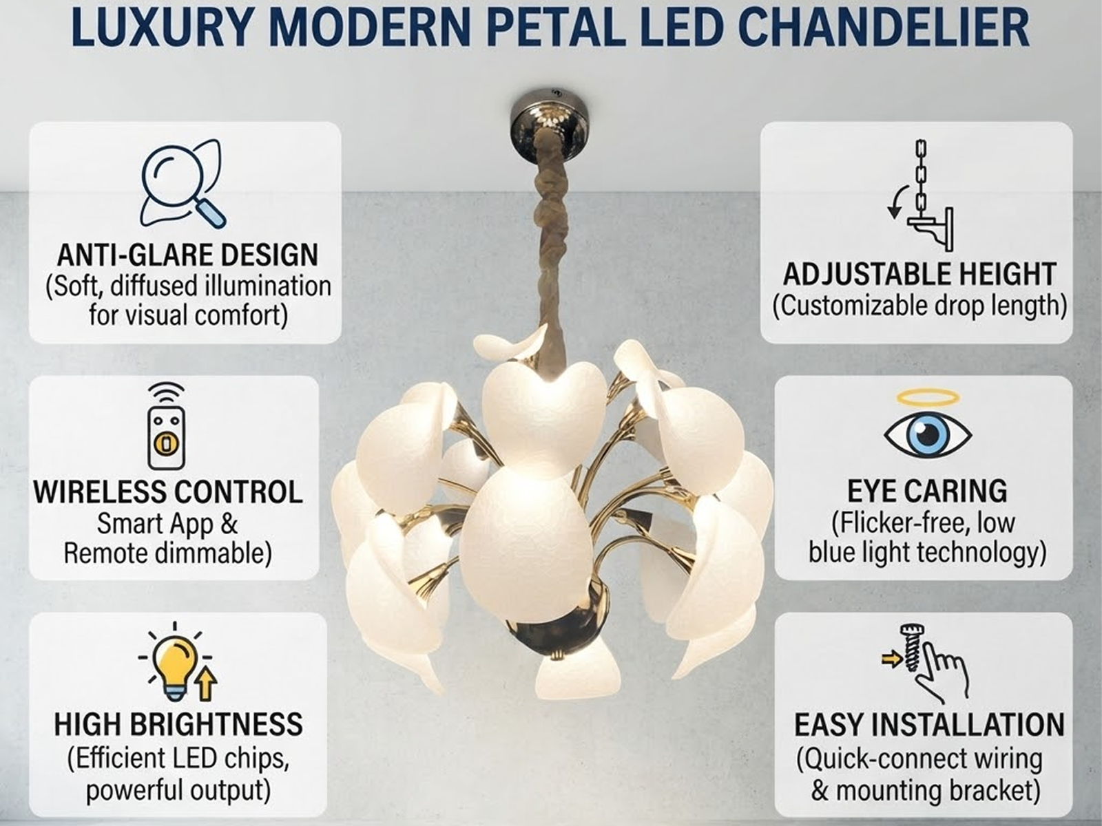 Modern blooming petal LED chandelier suspended in a contemporary luxury living room with beige sofas and wooden paneling