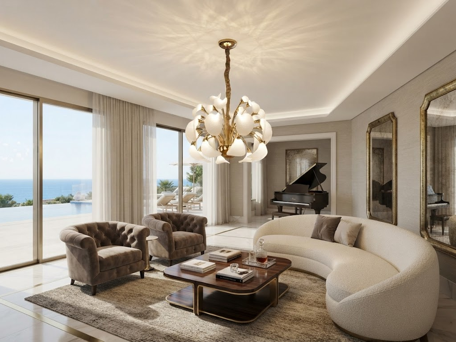 Spherical blooming petal LED chandelier hanging over a marble dining table in a contemporary luxury apartment