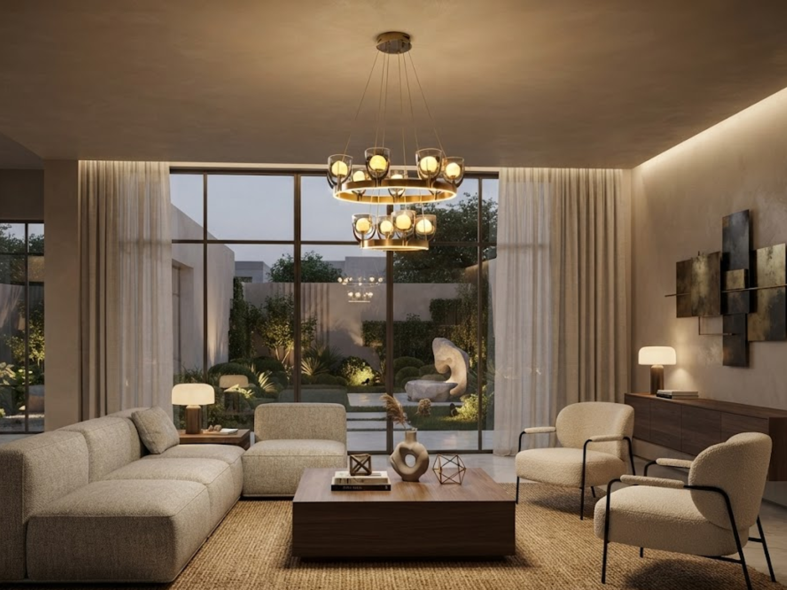 Tiered halo ring chandelier with brushed brown semi-matte oil finish hanging in a modern high-ceiling luxury living room