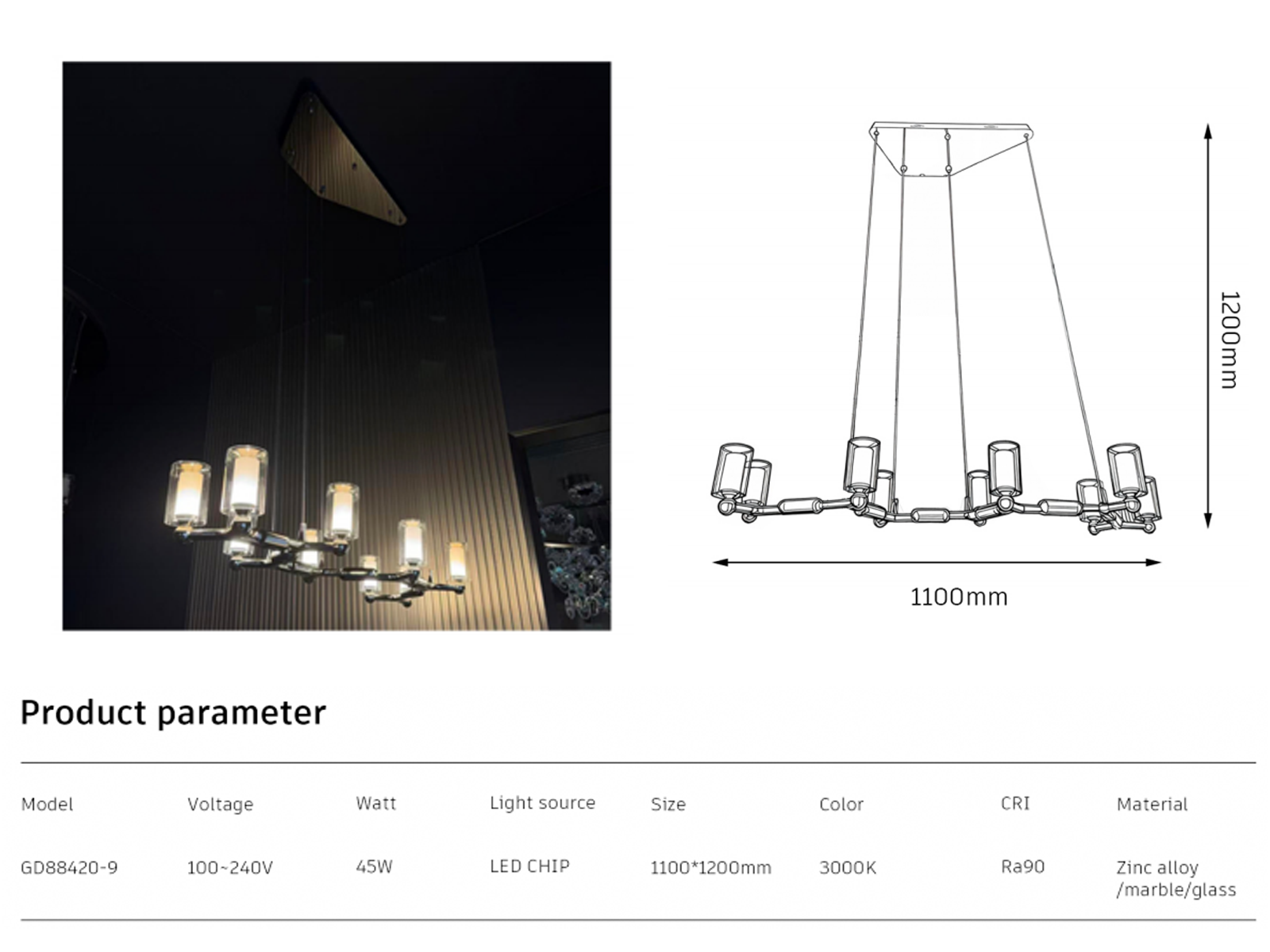Dimensional drawing of GD88420-9 branching linear chandelier showing 1100mm width and 1200mm suspension height