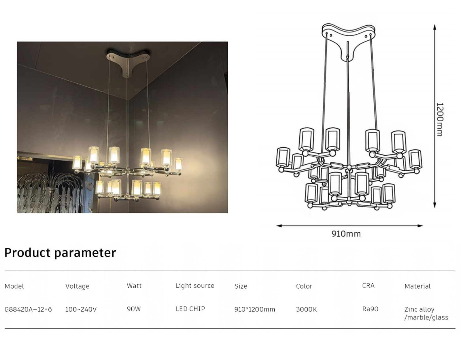 close-up of glowing glass cylinder shades mounted on polished chrome molecular branch frame